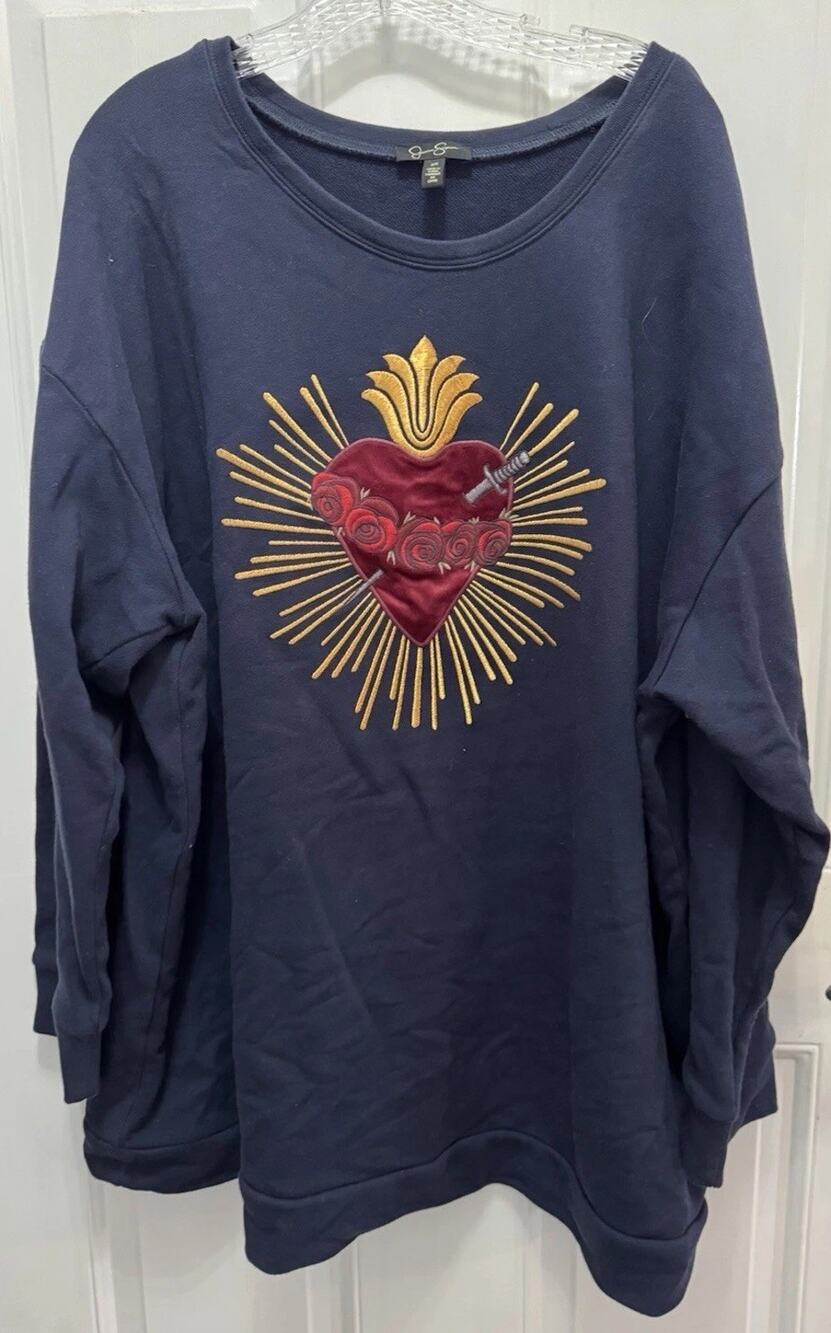 Jessica Simpson Womens Velvet Heart Rose Sweatshirt Size 3X Navy Gold